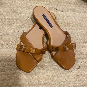 Stuart Weitzman Cross Studded Slide Sandal Tan 6